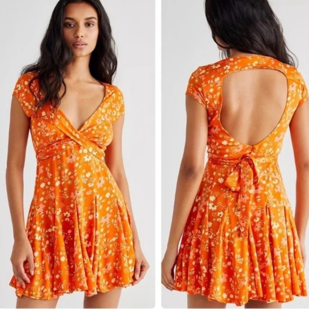 Free People It Takes Two Orange Floral Print Cap Sleeve Mini Dress.
